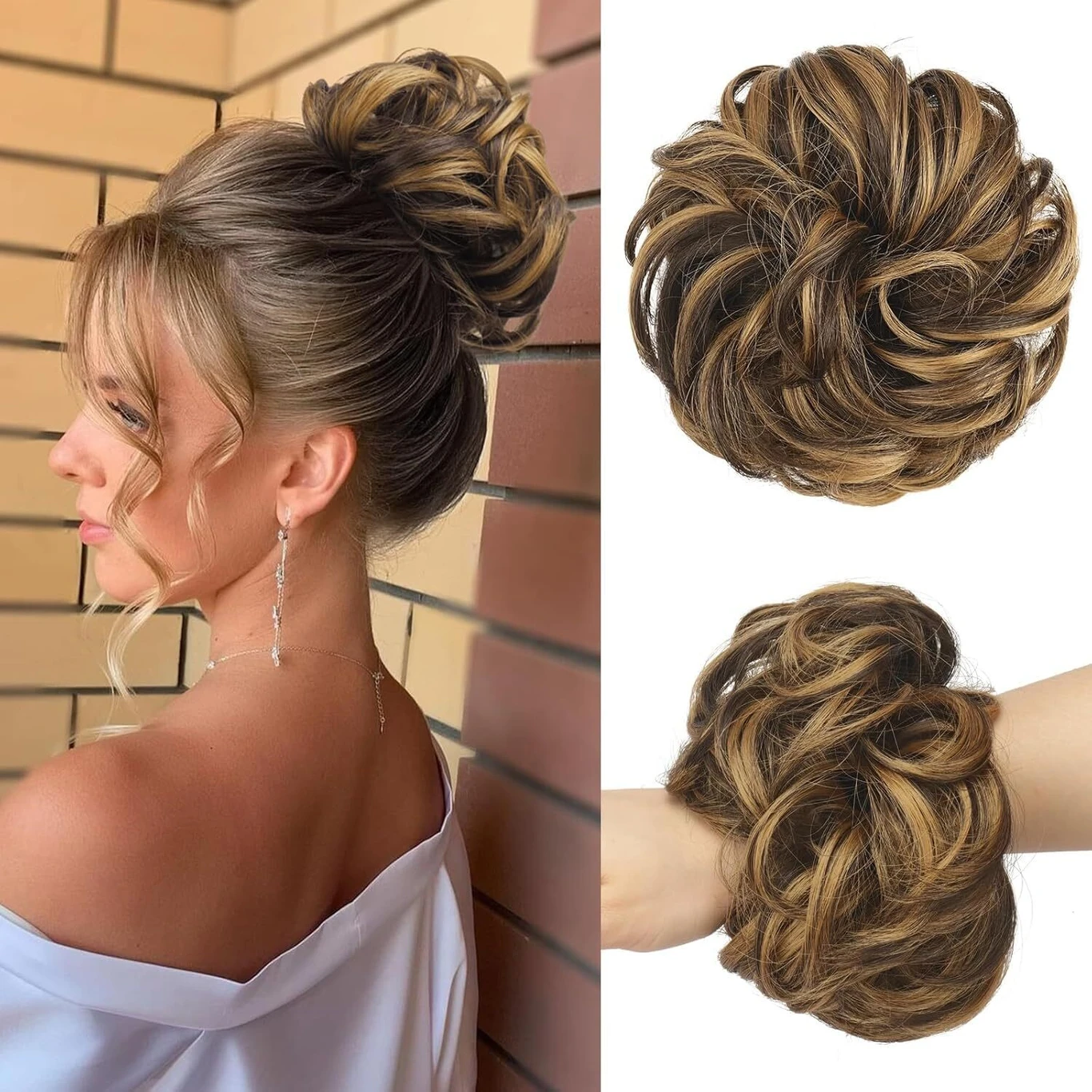 Elastic Wavy Curly Hair Bun Scrunchies - Brown